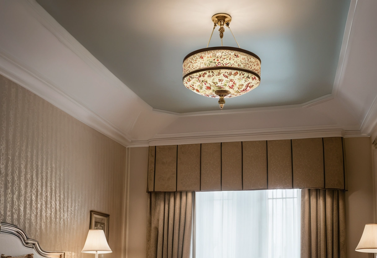 Classic bedroom with patterned wallpaper on the ceiling